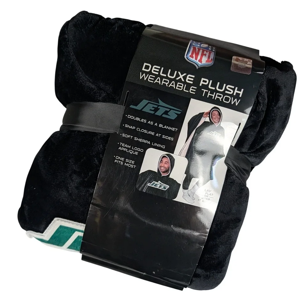 NFL New York Jets Deluxe Plush Wearable Throw Sherpa Lined Black 60x80 Blanket